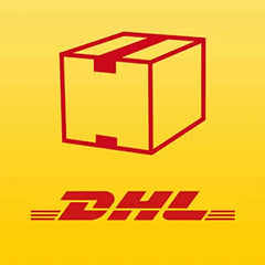 Rotes umrandetes Box-Logo auf gelbem Hintergrund mit dem DHL-Markenname darunter.